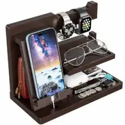 Phone Holder Wooden 2 Layer Docking Station Wallet Stand Watches Purse Glasses Keys Bedside Organiser Household Storage Display