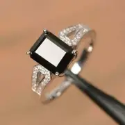 Real Black Onyx 2CT Emerald Cut Engagement Jewelry Ring 14K White Gold Finish