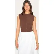 Chocolate Soft Touch Rib Button Down Sleeveless Long Top, Chocolate