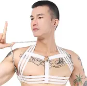 [Generic] Men's Punk Style bar Performance Costume Passion Chest Strap Sexy Men's Wild Underwear mesh Gauze Panties (Chest Strap + Silver Chain)