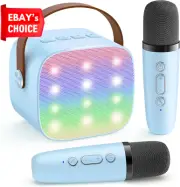 Mini Karaoke Machine Portable Bluetooth Speaker 2 Wireless Microphones Gift Blue