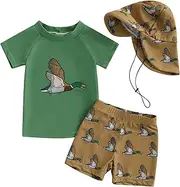 [LYSINK] Toddler Baby Boy Swimsuit Set Shark Duck Print Rash Guard Swimwear Short Sleeve Shirt Shorts Bathing Suit with Hat