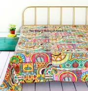 Handmade Kantha Quilt Cotton Bed cover Bohemian Bedding King & Queen Bedspread