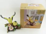 VTG Figurine Hand Painted Porcelain American Goldfinches & Pink Flowers - 7"-NIB