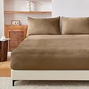 LINENOVA Teddy Fleece Fitted Sheet Set Double Size, Super Soft Flannel, Extra Warm & Cozy for Winter, 40cm Deep Pocket, Includes 1 Fitted Sheet & 2 Pillowcases, No Flat Sheet – Mocha(3-Piece Set)