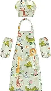 AIXIWAWA Kids Apron Chef Hat Set, Child Kitchen Bib Aprons Adjustable for Cooking Baking Painting (Cartoon Forest Animals)