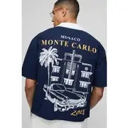 Mens Navy Oversized Boxy Monte Carlo Print Shirt