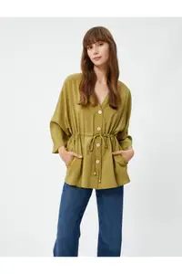 在飛比找ZALORA購物網優惠-Buttoned Kimono Blouse Tie Wai