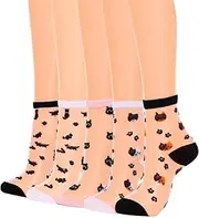 [Campsis] Cute Sheer Socks Cat Sheer Ankle Sock Lace Mesh Socks Transparent Dress Sock for Women and Girls(5 Pairs)