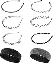 Kiwinvou 6 Pack Elastic Wavy Spring Wave Hair Band, Multi-Style Black Non-slip Metal Hair Hoop, Unisex Headband Slicked Back Sports Hairband for Women Men