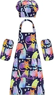 AIXIWAWA Kids Apron Chef Hat Set, Child Kitchen Bib Aprons Adjustable for Cooking Baking Painting (Rainbow Neon Cats)
