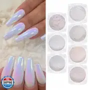 Pearl Chrome Powder Nail Glitter, White Iridescent Aurora Chrome Rubbing Dust