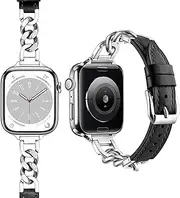 [SIBOYL] Leather Band fits Apple Watch Bands Woman 42mm(Series 10) 41mm 40mm 38mm, Slim Stainless Steel iWatch Bands for Apple Watch Strap, for Apple Watch Series 10 Band Se 9 8 7 6 5 4 3 2 1-Silver
