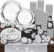 Marsui 121 Pcs 70s Disco Party Supplies Disco Ball Dinner Paper Plates Disco Paper Cups Disco Cocktail Napkins Disco Party Table Runner for Wedding 80s 90s Disco Party Picnic Travel (Black, Silver)