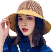 [Ｗoowayo] Women Wide Brim Panama Hat Travel Beach Hats Cute Bow Hollow Breathable Fashion Sun Cap Outdoor Hiking Fisherman Caps UPF 50+ Navy