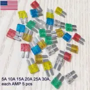 30Pcs Micro 2 Blade Fuses Assorted Kit 5A/10A/15A/20A/25A/30A Auto Car APT/ATR