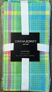 Cynthia Rowley Blue Green Tartan Plaid Cotton Cloth Napkins Set Of 4￼