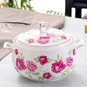 Ceramic Soup Tureen with Lid, 3L Large Capacity Serving Tureen with Double Handles for Kitchen, Porcelain, White with Gold Trim, Microwave and Dishwasher Safe,D