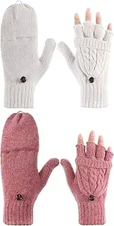 [Tatuo] 2 Pairs Women Fingerless Mittens Winter Convertible Gloves Knitted Half Finger Gloves with Cover