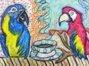 Macaw drinking Coffee Art Print 5x7 Exotic Bird Parrot Collectible Artist KSams