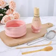 Roczential 5 Pack Matcha Whisk Set Matcha Whisk Holder Bamboo Matcha Whisk and Bowl with Spout Matcha Sifter Spoon Matcha Tea Set Kit for Matcha Tea (Pink)