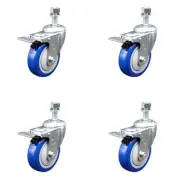 4 Inch SS Blue Polyurethane 12mm Threaded Stem Caster Set Total Lock Brake