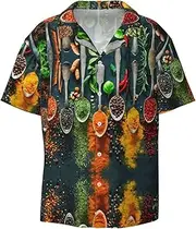 [YANYU] Spices Print Hawaiian Shirts Men Short Sleeve Button Down Cuban Collar Shirt Summer Beach Days