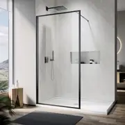 ELEGANT 90x190cm Walk-In Shower Screen in Black Frame Fixed Panel 10mm Toughened Glass with 151.5x91.5cm Shower Base
