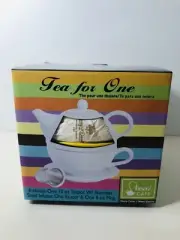 Teaz Cafe TEA FOR ONE Yellow Teapot Infuser Saucer Mug Stoneware NIB
