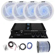 Pyle Marine 4-CH Bluetooth Amplifier w/Kit, 4x 4" 100W Blue LED Speakers, Wire