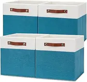[Temary] Fabric Storage Bins - 12x12 Cube Baskets for Shelves & Closet with Leather Handles (White & Teal)