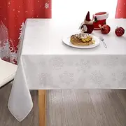 MikiUp Jacquard Rectangle Christmas Tablecloth - Xmas Snowflakes Glitz Metallic Fabric Table Cloth, Waterproof and Washable Holiday Decorative Table Cover for Party, White/Sliver 60 x 84 Inch