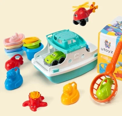 Bath Toys for Toddlers 17 pcs Ferry Boat Toys Set with Helicopter Cars And More