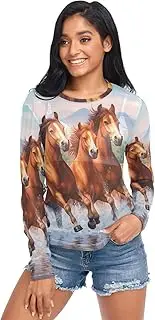 [RPLIFE] Brown Horses Mesh Top Women Long Sleeve, Sexy Sheer Tops for Women S-XXL
