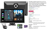 Carplay Screen for Car, 9" Portable Wireless Carplay & Android Auto, 4K DashCam