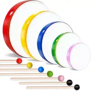 5 Pcs Kids Hand Drums Wood Frame Drum Set Drum Stick 12" 10" 8" 6" 4" Multicolor
