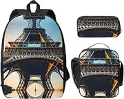 Paris Eiffel Tower Picture Backpacks With Lunch Pack Pencil Case, Lightweight Bookbag For Camping Excursions, Black, One Size, Art Deco