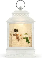 White Knit Snowman Couple 11 X 6.25 Resin Musical Snow Globe Lantern Plays Chris