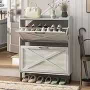 Lumoti Shoe Storage Cabinet with 2 Flip Drawers, Freestanding Shoe Organizer with Metal Legs for Entryway, Narrow Shoe Rack Cabinet, Beige