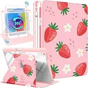 Uppuppy for iPad 9th/8th/7th/Air 3rd Generation Case 10.2& for iPad Pro 10.5 Inch Cases 360 Degree Rotating Stand Folio Cover with Pencil Holder Cute Girls Strawberry for Apple iPad 2021/2020/2019