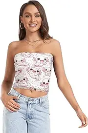 [RPLIFE] Cute Cartoon Axolotls Cropped Tube Top Sheer Tube Tops, Strapless Top for Women, Tube Tops Summer (S)