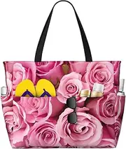 [Ghjkfbf] Pink Rose Print Large Capacity Beach Travel Bag For Family, Beach Tote Bag For Women With Zipper Pockets, Black, One Size