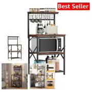 Sturdy Kitchen Baker's Rack - Rustic Brown 4-Shelf Coffee Station with Peg Hooks