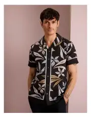 [Blaq] Lukas Floral Print Short Sleeve Linen Blend Shirt in Black