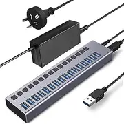 tunghey Powered USB Hub,16 Ports 90W USB 3.0 Data Port, Aluminum Housing, Individual On/Off Switches, 12V/7.5A Power Adapter, 5Gbps High Speed, USB 3.0 Hub for Laptop,PC,Computer,Mobile HDD (16 Ports)