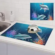 Dolphin and fish Dish Drying Mats for Kitchen Counter, Absorbent Microfiber Kitchen Dishes Drainer Mat Large Dish Drying Pad with Hook Coffee Mat Kitchen Accessories 18x24 Inch