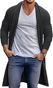 [Generic] Men Open Front Long Sleeve Knit Cardigan Open Front Shawl Collar Casual Knit Sweater Shawl Collar Long Cardigan Sweater