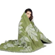Boho Throw Blanket for Bed, Green Leaf Printed Blanket, Leaf Woven Boho Blank...