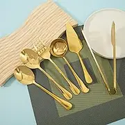 DJAPWPX 10Pcs Serving Utensils Set Stainless Steel Metal Serving Utensils Metal Serveware Serving Set with Serving Spoons Forks Tongs Slotted Spoon Ladle Pie Server for Buffet Parties (Gold)