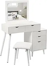 Dressing Table White Vanity Set Cosmetic Dressing Table with Makeup Mirror and Stool Vanity Bedroom Dressers 2 Drawers Bedside Table for Ample Storage Makeup Table/Vanity Table